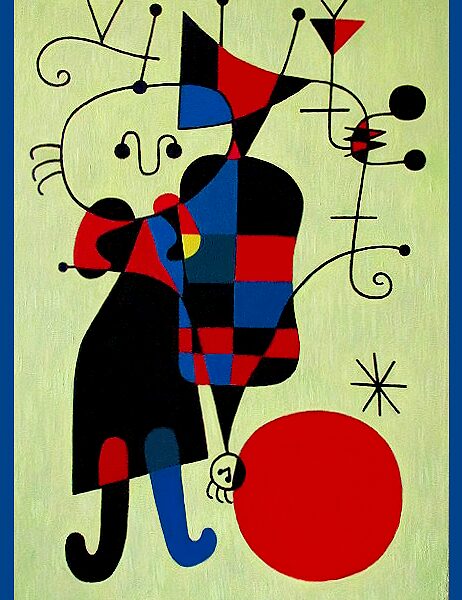 Personnages et chien devant le soleil