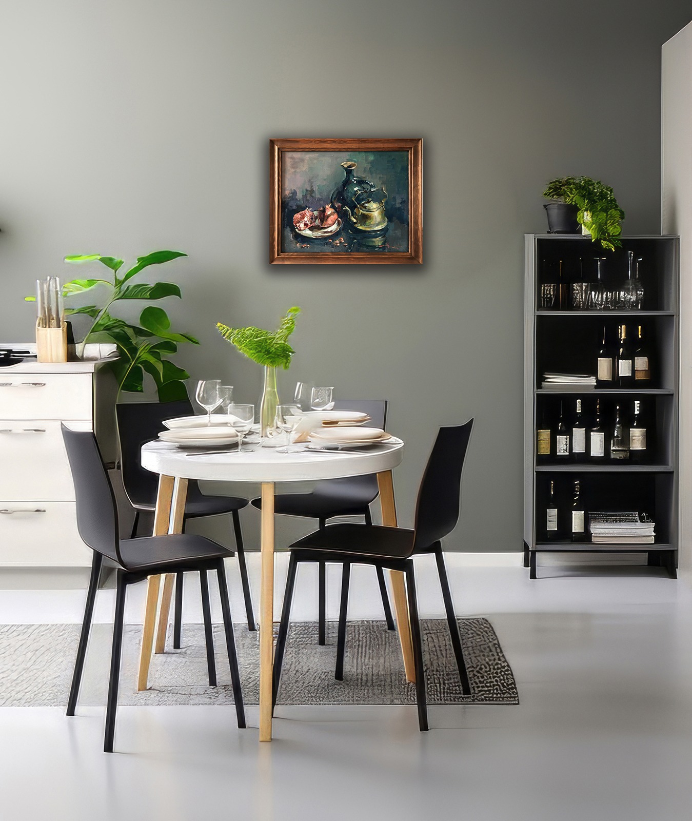Rent of modern housing sale of new apartment, modern renovation. White furniture with utensils, shelves with crockery and plants in pots, refrigerator in simple minimal dining room, empty space Photorealistic, cinematic composition, Shot on 50mm lens, Shu